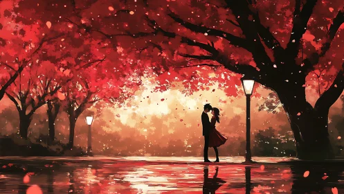 Couple beneath red foliage with autumn leaves falling.