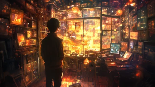 Solitary figure studies glowing data city through window