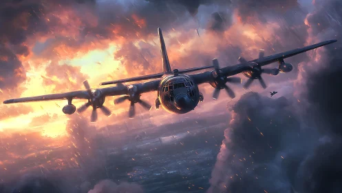 Armored propeller bomber cuts through incendiary stormfront sky