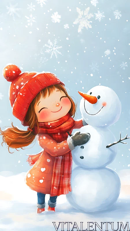 Child in red winter gear embracing stylized snowman portrait.