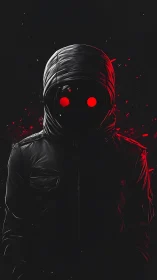 Hooded figure with red glowing eyes stands in dark void