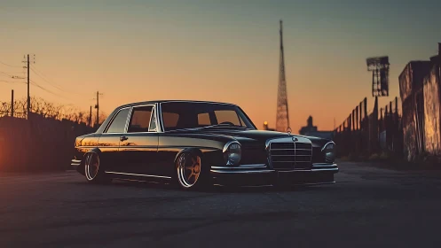 Sunset streetside classic Mercedes glowing with quiet pride.