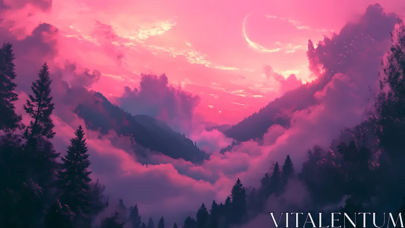 Dreamlike pink mountain valley glows beneath a crescent sky