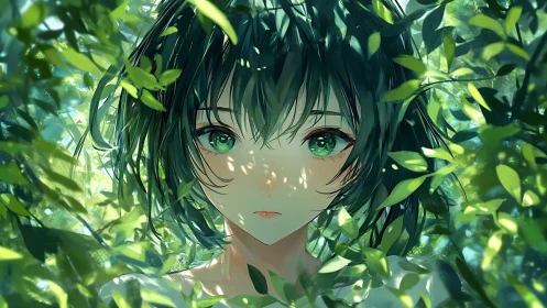 Green haired anime girl framed by dense sunlit foliage.