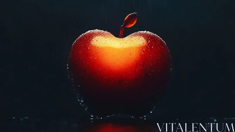 Luminous red apple with dewy surface on dark backdrop.