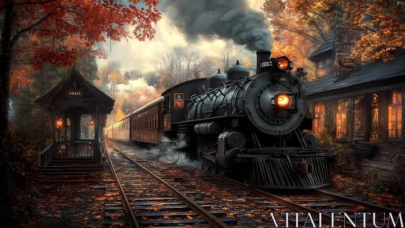 Cozy autumn steam train passing a lantern lit forest depot.