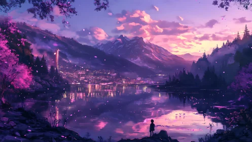 Twilight mountain lake city with child silhouette foreground.