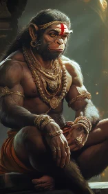 Majestic monkey warrior rests in golden, templelit calm