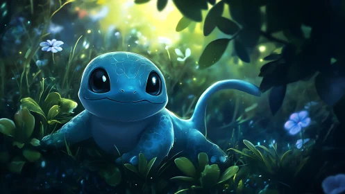 Bioluminescent baby reptile resting in luminous forest glade