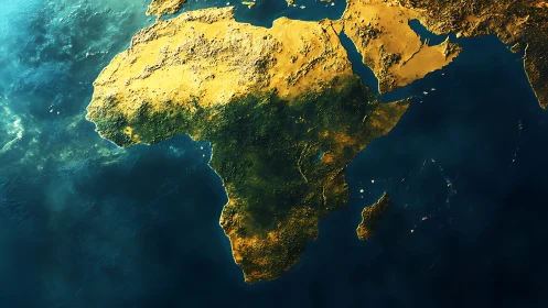 Satellite style view of Africa and surrounding seas.