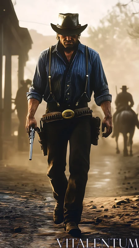 Gritty gunslinger strides through dusty frontier street.