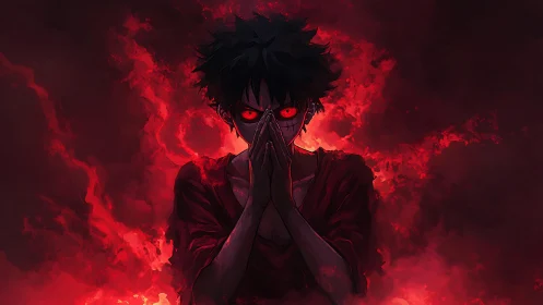 Demonic anime figure concentrates amid engulfing crimson flames