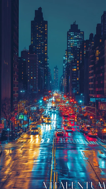 Night city avenue with wet street reflections and traffic.
