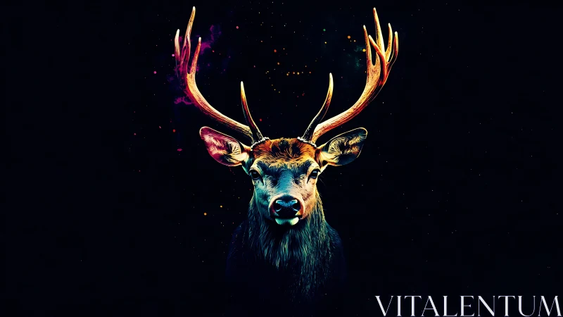 Neon-lit stag portrait isolates chromatic antlers on deep black