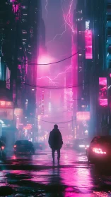 Neon storm lights a lone walker in a moody cyberpunk street