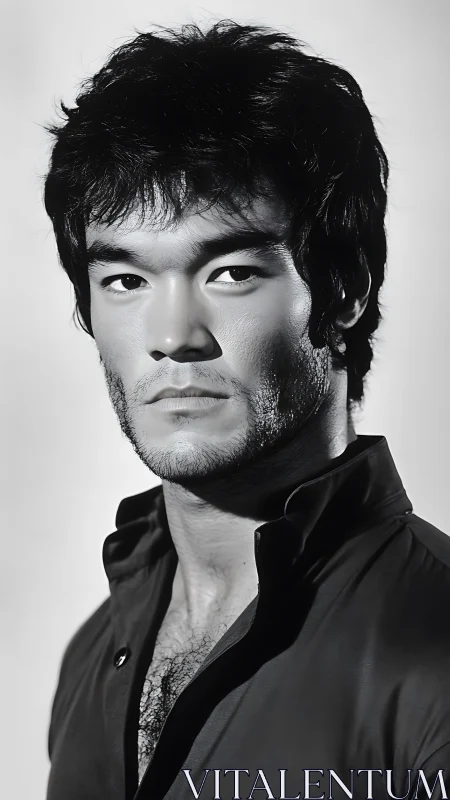 Monochrome male portrait with intense cinematic gaze.