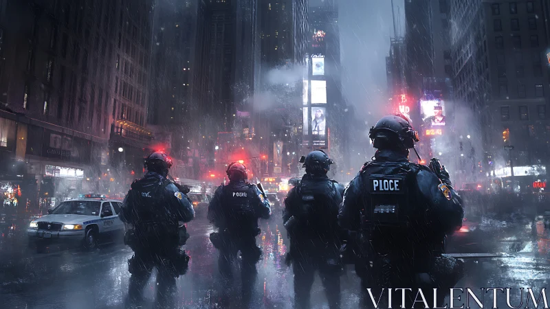 Armored police line advances through neon‑lit rainstorm at night