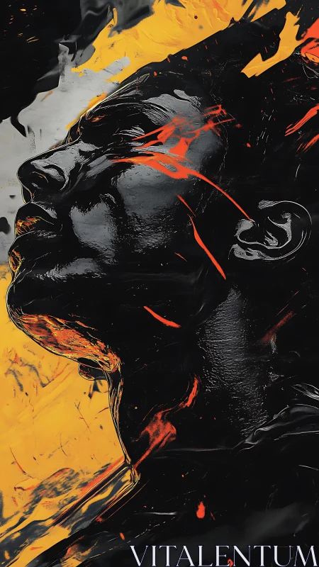 High-contrast acrylic portrait isolates a glossy black profile against firelike yellow