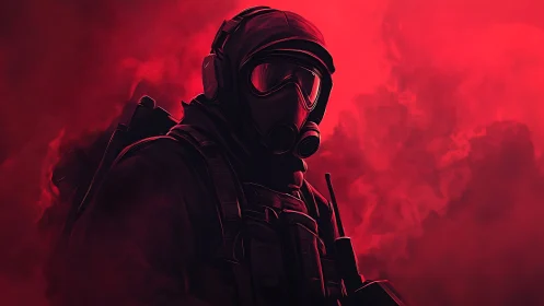 Armored figure in respirator gear stands within dense red smoke