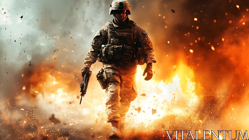 Armored soldier advancing through fiery battlefield blast.