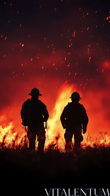 Two Firefighters Standing Before Intense Wildfire Silhouetted Ablaze