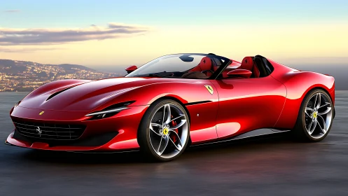 Low-angle sunset view of red Ferrari roadster sports car