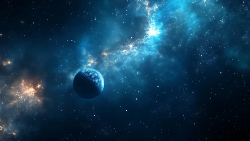 Rendered exoplanet orbits in nebular starfield with blue gas