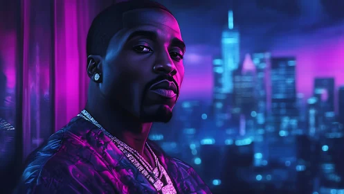 Neon-lit portrait of urban man against blurred city skyline.