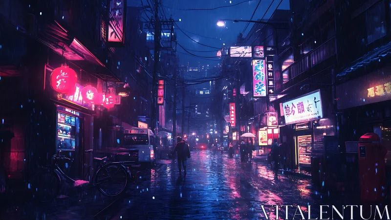 Neon soaked night street glowing softly in gentle rain.