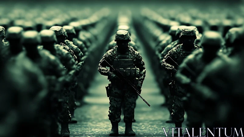 Central soldier breaks uniform ranks in stylized green formation