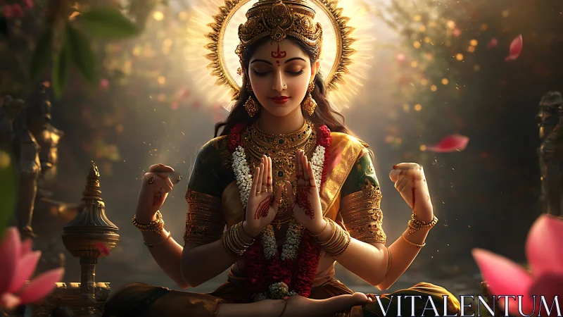 Radiant multi-armed deity in lotus meditation, volumetric light.