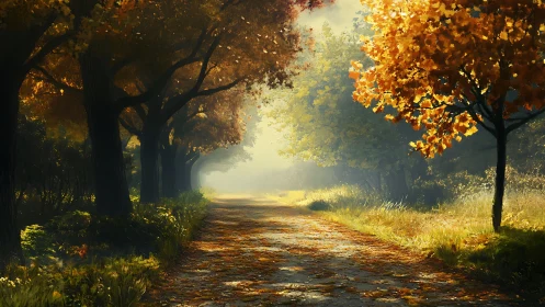 Volumetric autumn pathway with atmospheric light scattering through deciduous canopy