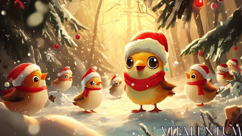 Digital painting of festive chick choir in snowy forest scene.
