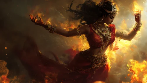 Fiery goddess dancer commands swirling golden flames