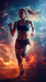 Dynamic digital painting of female runner in elemental motion.
