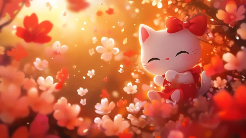 Smiling chibi cat floats in glowing blossom dreamfield.