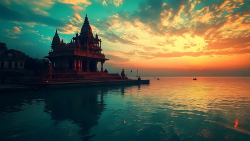 Riverside temple glows against a vivid turquoise and gold sunset
