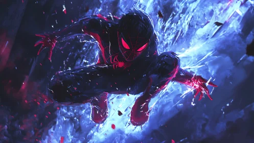 Neon-slashed spider hero dives through shattered midnight sky.