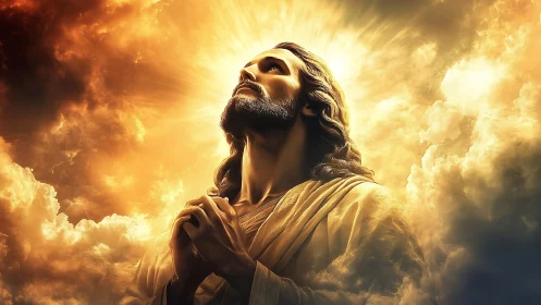 Radiant robed figure in prayer amid luminous golden clouds