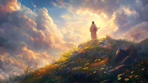 Radiant robed figure stands on sunlit hill beneath glowing sky.
