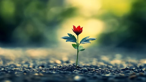 Macro study of single red wildflower emerging from gravel