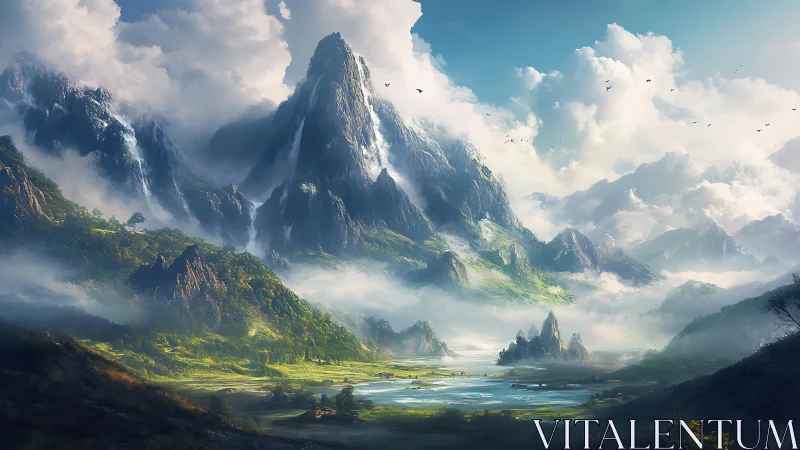 Towering misty peaks above luminous fantasy valley landscape.
