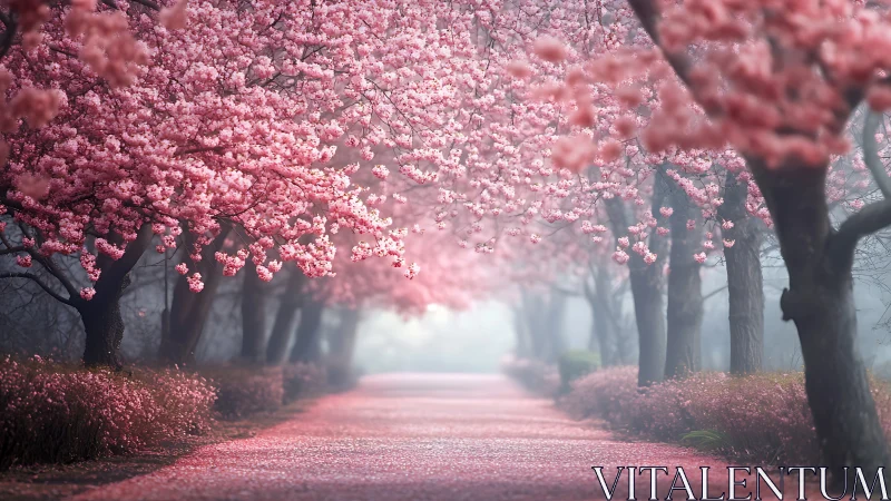 Cherry blossom tree tunnel over quiet pink-lined path.
