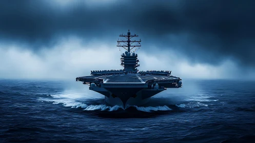 Modern aircraft carrier cutting through dark open sea.