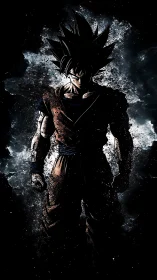 Shadowed anime warrior stands strong in a storm of energy