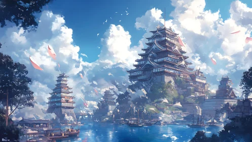 Skybound coastal citadel crowns misty harbor skyline.