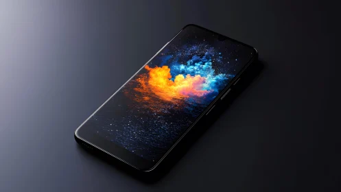 Modern smartphone with vivid cosmic wallpaper in minimalist style.
