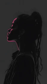 Neon rim-lit female profile in high-contrast monochrome silhouette