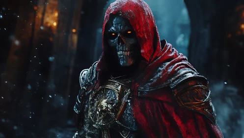 Armored skeletal warlord under crimson hood in icy ruin