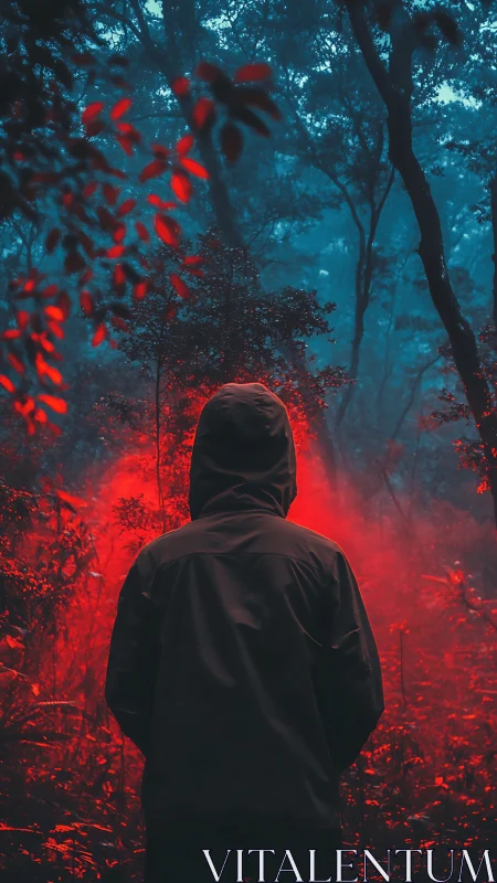 Hooded figure in red mist forest under cold blue canopy.